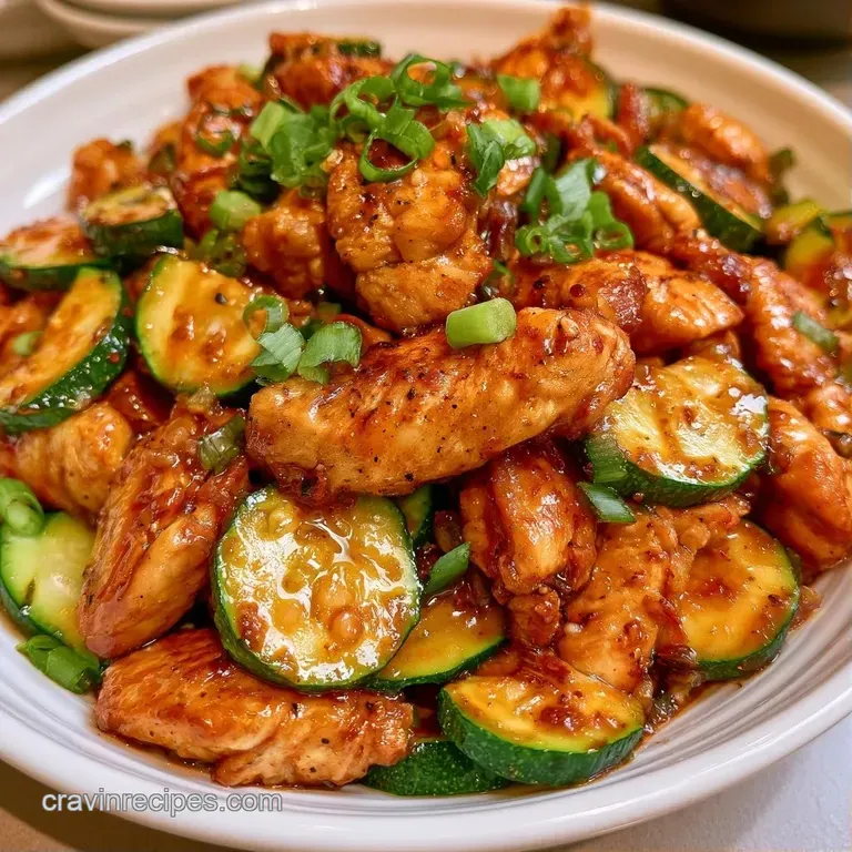 A white porcelain bowl filled with glistening chicken and tender zucchini, topped with toasted sesame seeds.