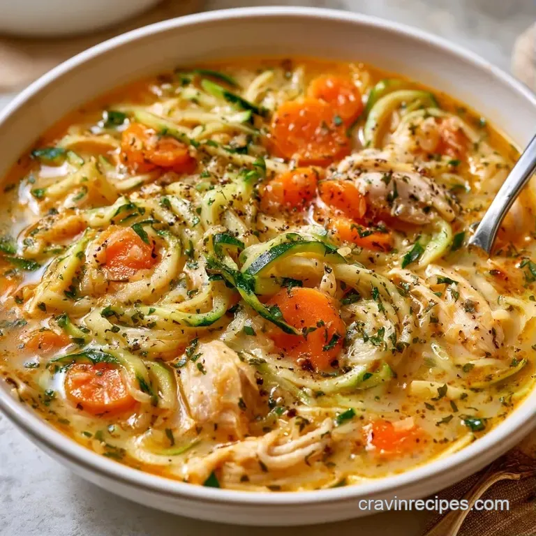 Hearty chicken and vegetable soup in a white ceramic bowl with fresh parsley on a rustic grey linen napkin
