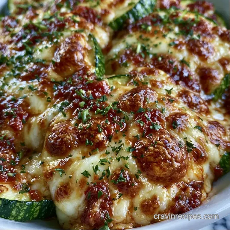 Slices of toasted zucchini topped with golden cheese and fresh basil leaves arranged on a white ceramic platter
