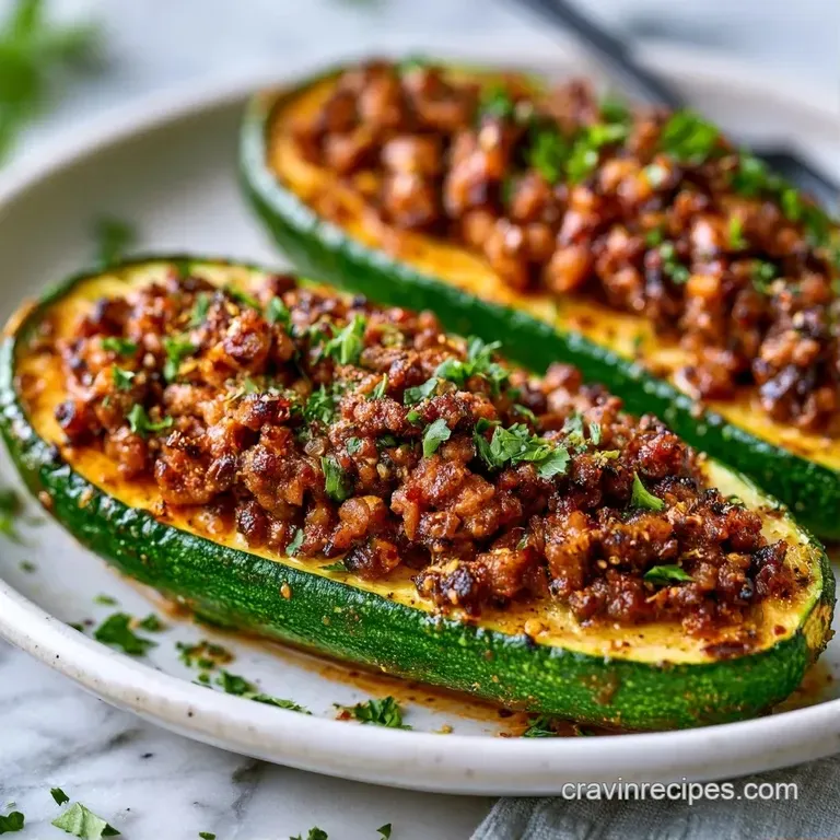 Six savory zucchini shells topped with melted cheese and salsa, arranged on a white platter with lime wedges.