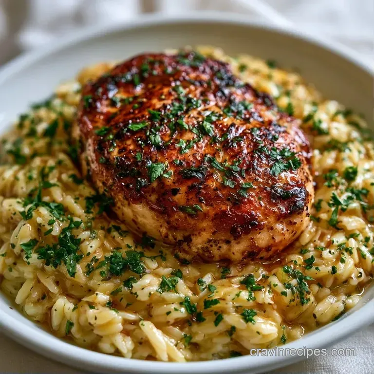 Tender golden chicken atop creamy pasta grains, garnished with a sprig of fresh parsley on a white ceramic plate.