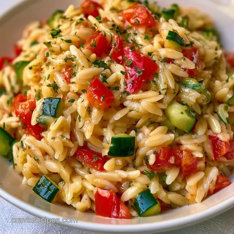 Elegant white bowl of creamy pasta with colorful garden vegetables, topped with a fresh lemon wheel and herbs.