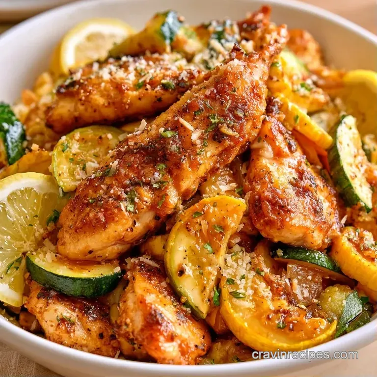 Sizzling golden chicken breasts garnished with bright lemon wheels and fresh parsley on a minimalist ceramic plate.