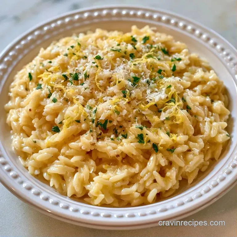 A shallow white plate of creamy pasta pearls garnished with a lemon wedge and a sprinkle of grated parmesan cheese.