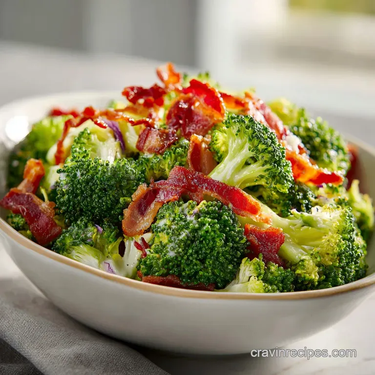 Close-up of broccoli salad elegantly plated, highlighting the creamy dressing clinging to the florets and crispy bacon pie...