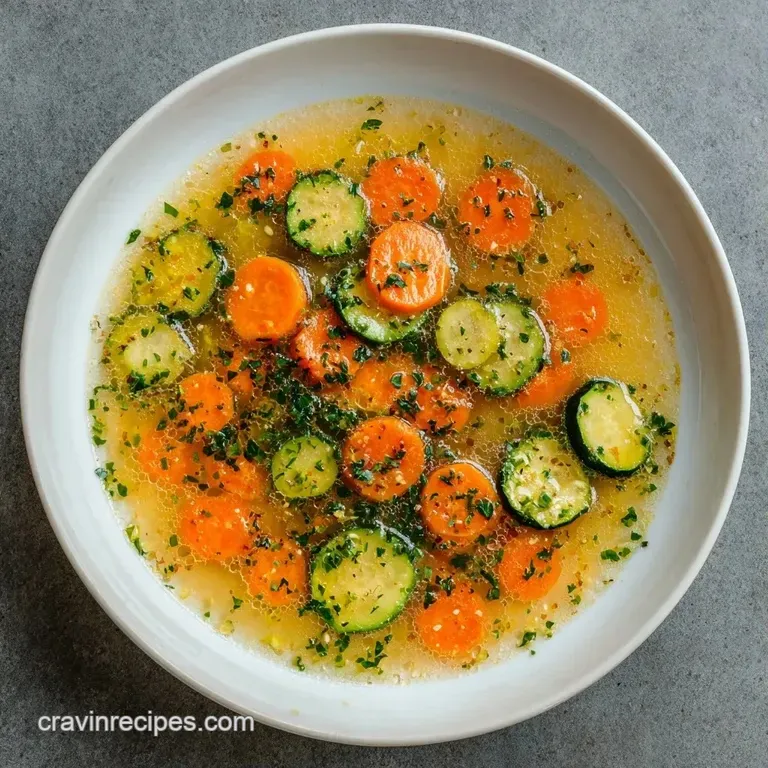 Clear broth soup served in a white ceramic bowl with a sprig of fresh parsley and a silver spoon on a linen napkin.