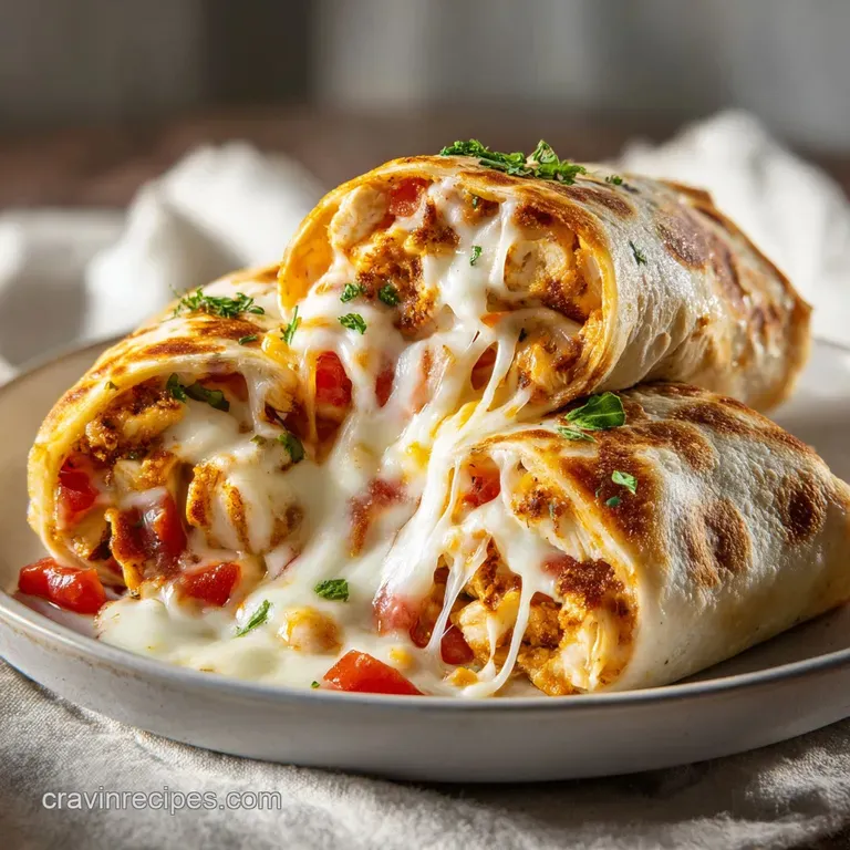 Two toasted wraps sliced diagonally on a white ceramic plate with a side of creamy dipping sauce and parsley.