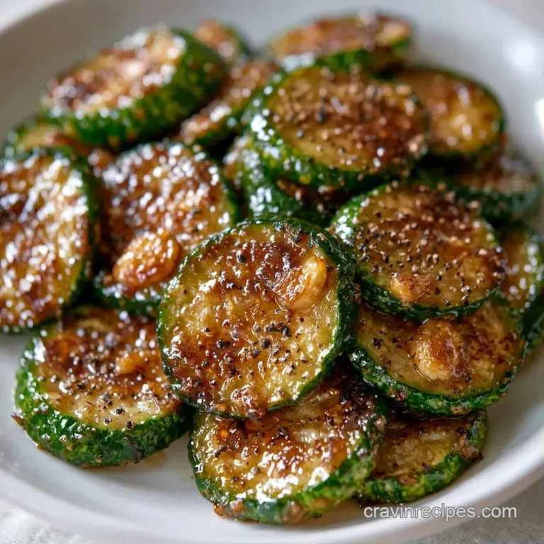 Neatly stacked saut&eacute;ed zucchini rounds on a white ceramic plate, garnished with a fresh sprig of flat-leaf parsley.