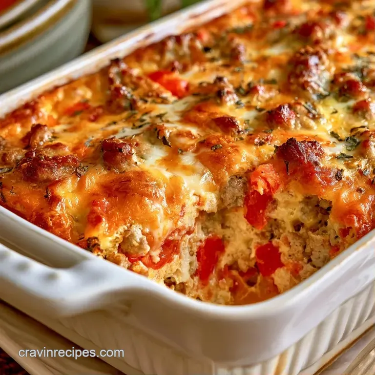 A square slice of golden egg bake on a white plate, garnished with chopped parsley and bright seasonal fruit.