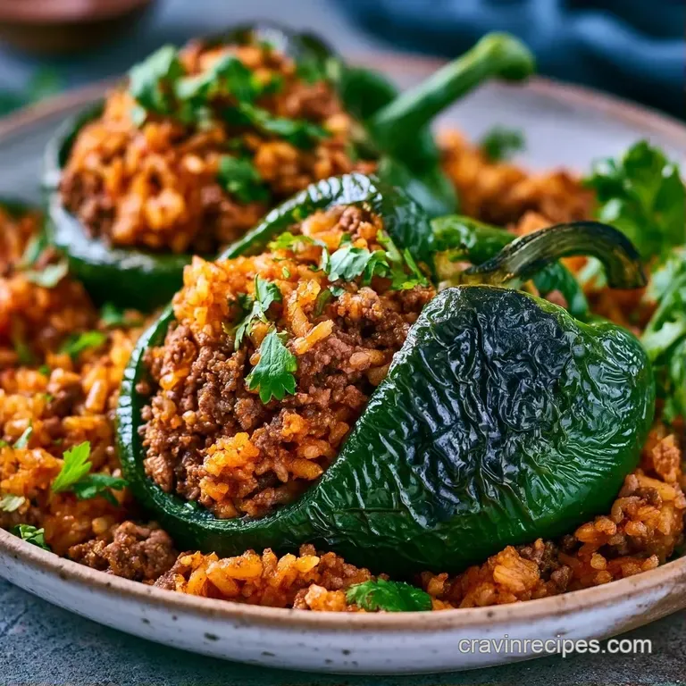 Roasted green peppers filled with seasoned meat and gooey melted cheese, arranged neatly on a rustic ceramic platter.