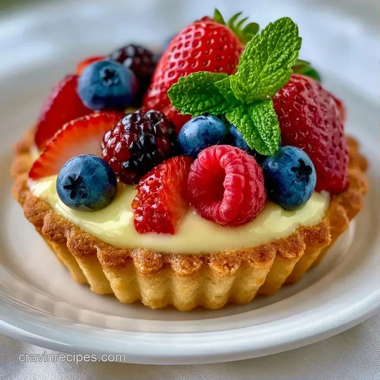 A platter of petite dessert tarts topped with vibrant fruit slices and a sprig of mint on a white marble slab