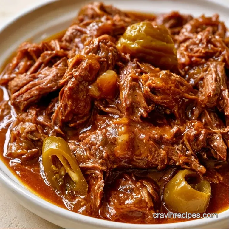 Tender sliced beef atop creamy mashed potatoes, drizzled with savory brown gravy and a bright pepperoncini garnish.