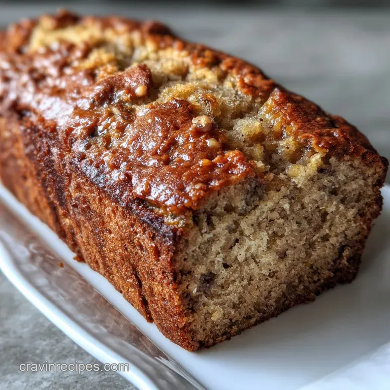 Slice of moist banana bread with visible banana pieces. The bread sits atop parchment paper, inviting and delicious.