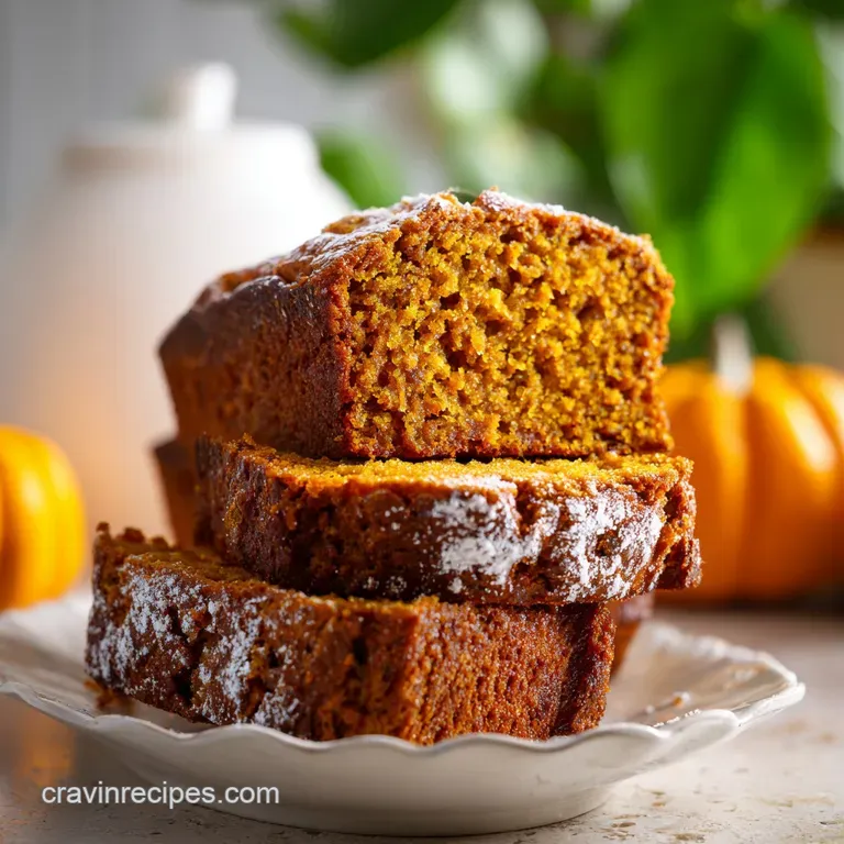 Slice of moist pumpkin bread on a white plate, streaked with cinnamon. Fluffy and tender, alongside a steaming mug.