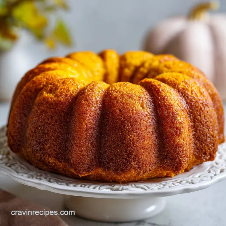 A generous slice of moist pumpkin bundt cake sits elegantly on a white plate, drizzled with a light glaze.