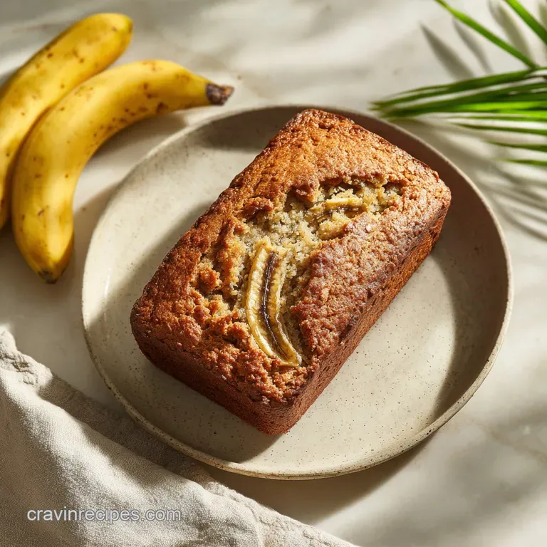 Thick slice of moist banana bread on a white plate. A dusting of sugar, with a hint of steam and a vibrant color that pops.