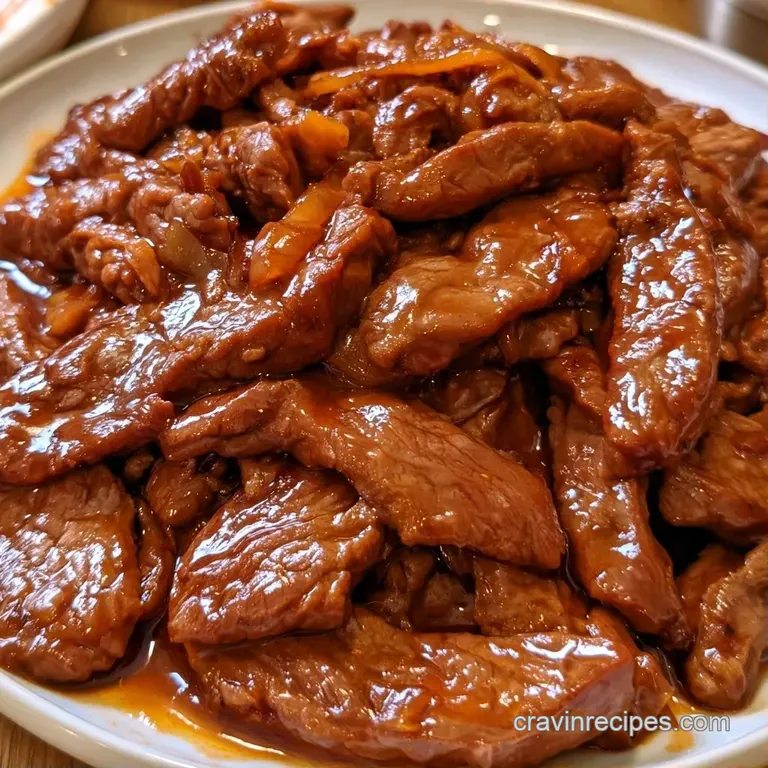 Slices of mahogany-colored beef over steamed rice, finished with a sprinkle of white sesame seeds and fresh herbs.