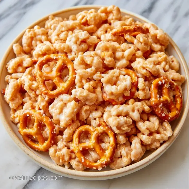 Golden cereal squares and salty pretzels overflowing from a clean white bowl on a rustic dark wood surface.
