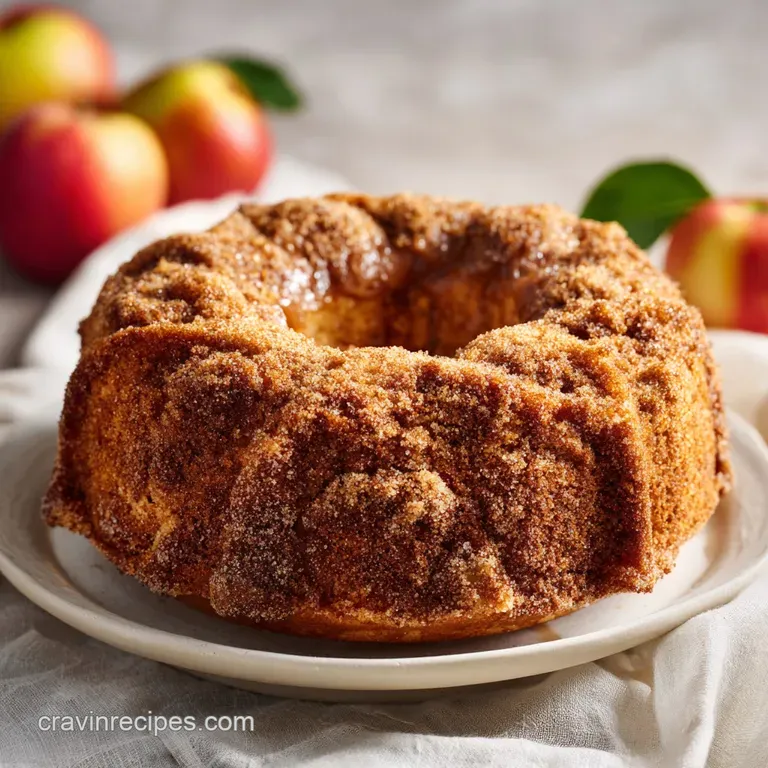 A slice of golden apple cake with a rich glaze, artfully plated with a dollop of cream.