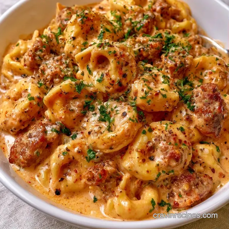 A shallow white ceramic bowl filled with pasta and seared sausage, topped with shaved parmesan and a sprig of basil.