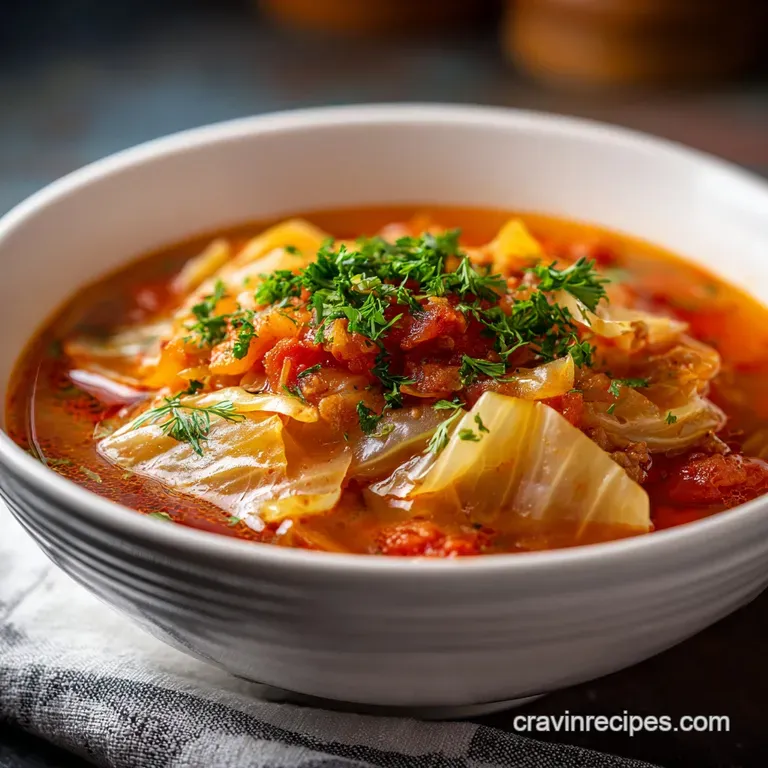 A comforting bowl of cabbage roll soup, topped with fresh dill and a swirl of sour cream.