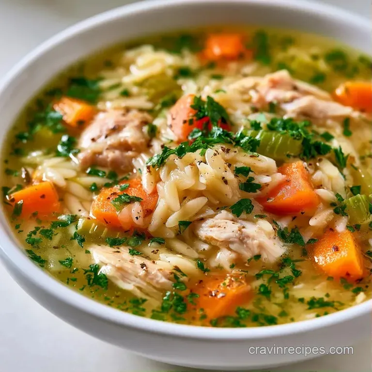 A white ceramic bowl of golden broth and orzo, garnished with fresh herbs and paired with a slice of toasted bread.