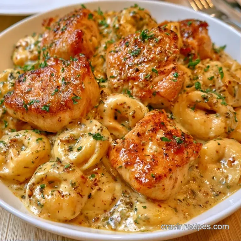 Plump pasta rings and seared chicken in a creamy sauce served in a shallow bowl with a dusting of parmesan cheese.