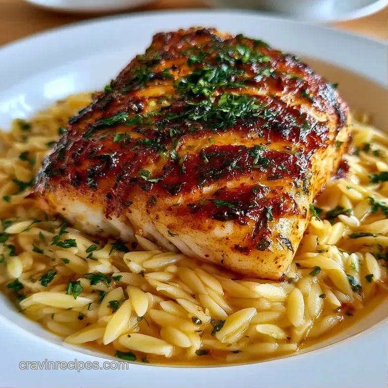 Flaky white fish atop creamy, buttery pasta in a shallow bowl, garnished with bright green herbs and lemon zest.
