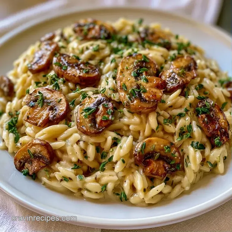 A shallow white bowl filled with creamy pasta, earthy saut&eacute;ed mushrooms, and a dusting of grated parmesan cheese.