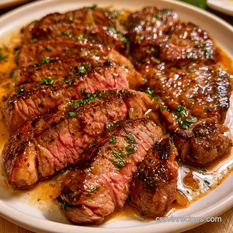 Slices of juicy beef arranged on a white plate with glazed carrots and mashed potatoes, garnished with parsley.