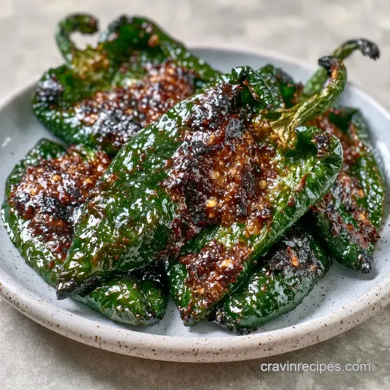 Blistered green peppers arranged on a white ceramic platter, garnished with fresh cilantro and lime wedges.