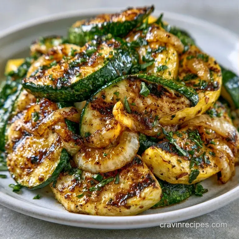 Vibrant green and yellow squash slices neatly piled on a white ceramic plate, garnished with a sprig of fresh parsley.