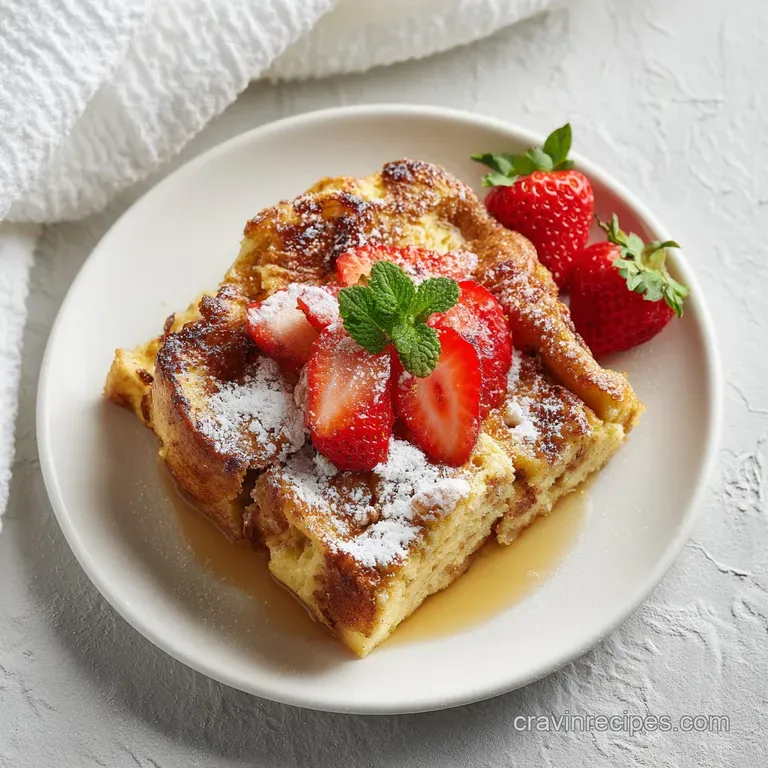 Stack of fluffy french toast slices, drizzled with syrup. Garnished with vibrant berries and a sprig of mint on a white pl...