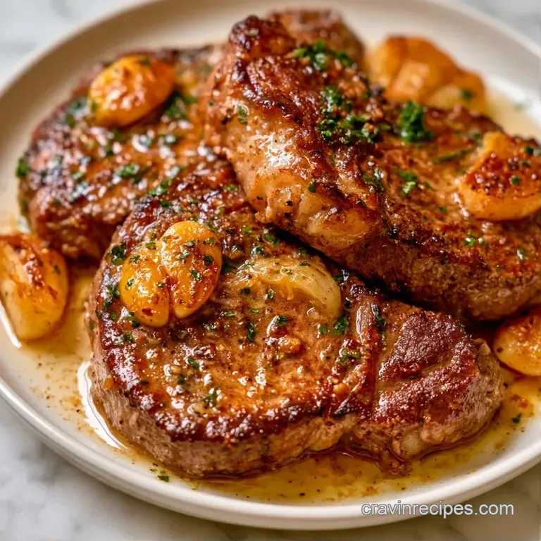 Thick steak slices showing a pink center, plated with butter-glazed carrots and a sprig of fresh green rosemary.