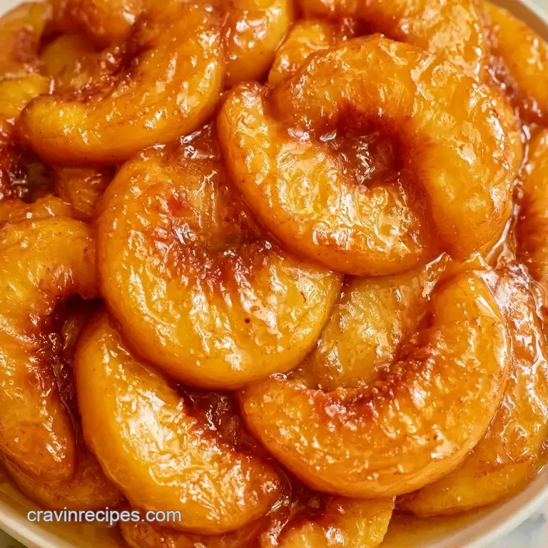 A scoop of warm, glistening peach dessert topped with a dollop of melting vanilla cream on a white plate.