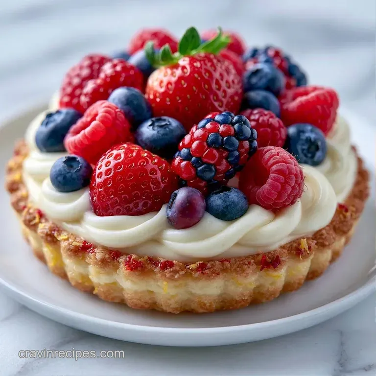 Slices of colorful fruit arranged on a creamy white base atop a golden crust, served on a white ceramic platter.
