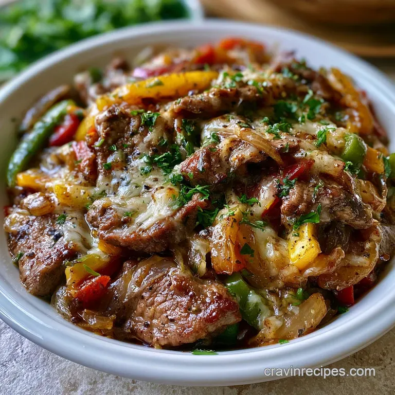 Saut&eacute;ed beef strips and melted provolone topped with green peppers in a clean white bowl on a marble surface.