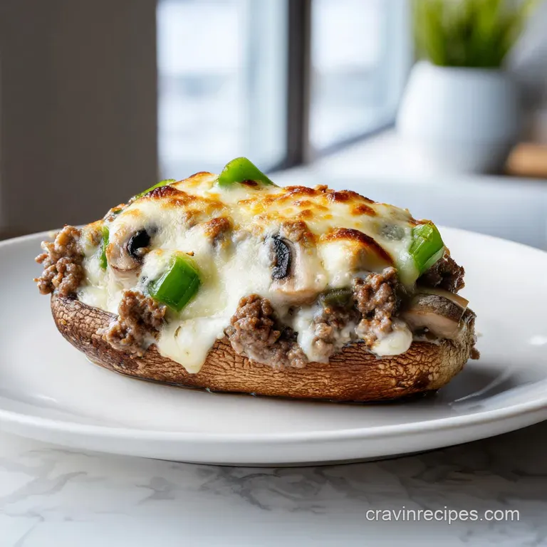 A hearty scoop of creamy beef and peppers topped with gooey melted cheese on a white plate with fresh parsley.