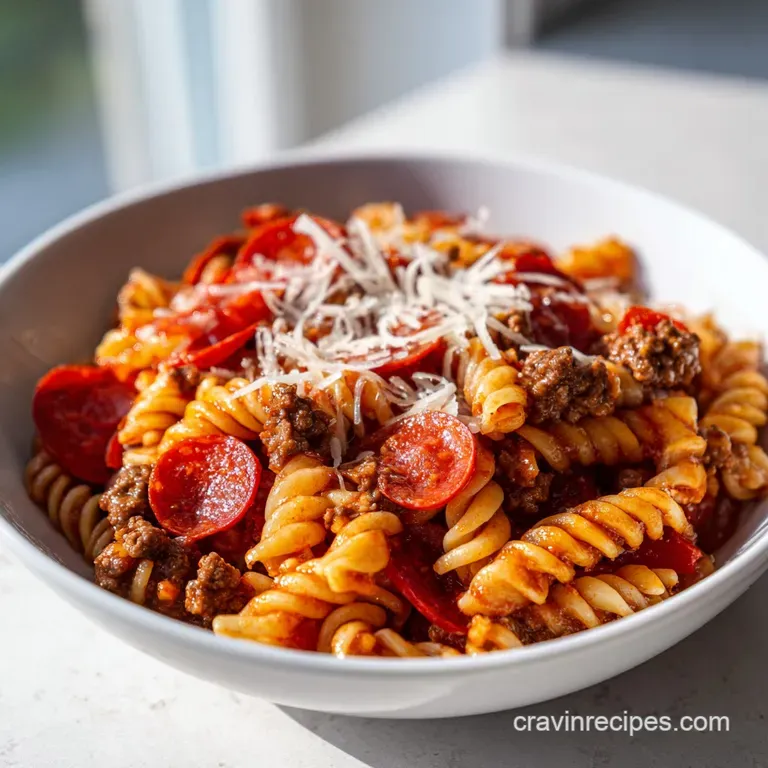 A cheesy portion of pasta and hearty meat sauce in a white ceramic bowl, garnished with a fresh sprig of green basil