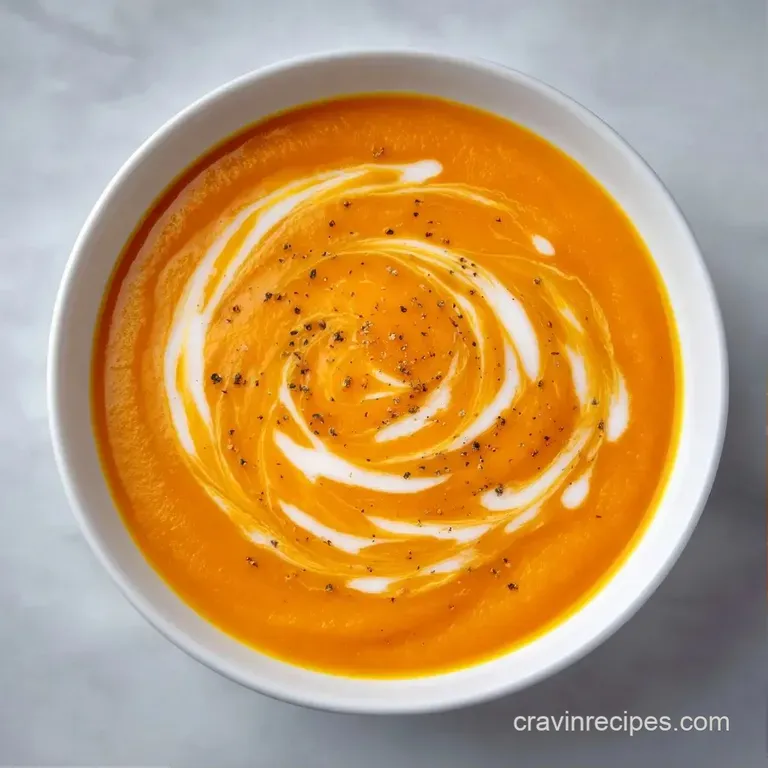 A vibrant orange velvety soup in a white bowl with a swirl of cream and roasted seeds on a wooden dining table.