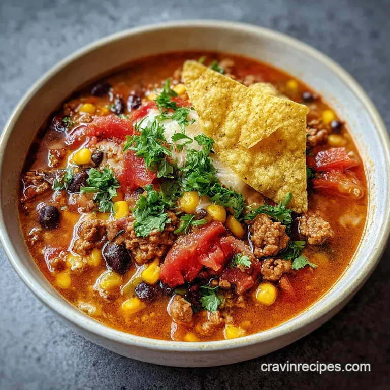 Close-up of a bowl brimming with hearty taco soup. Melted cheese and fresh cilantro create a creamy, bright contrast to th...