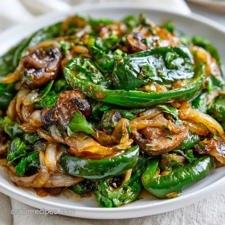 Saut&eacute;ed dark green poblano strips and white onions piled high in a white ceramic bowl with a sprinkle of cilantro.