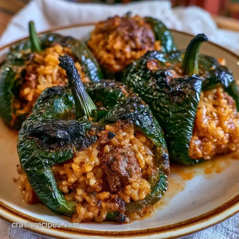 Blistered green peppers filled with gooey cheese and colorful fillings, garnished with fresh cilantro on a plate.