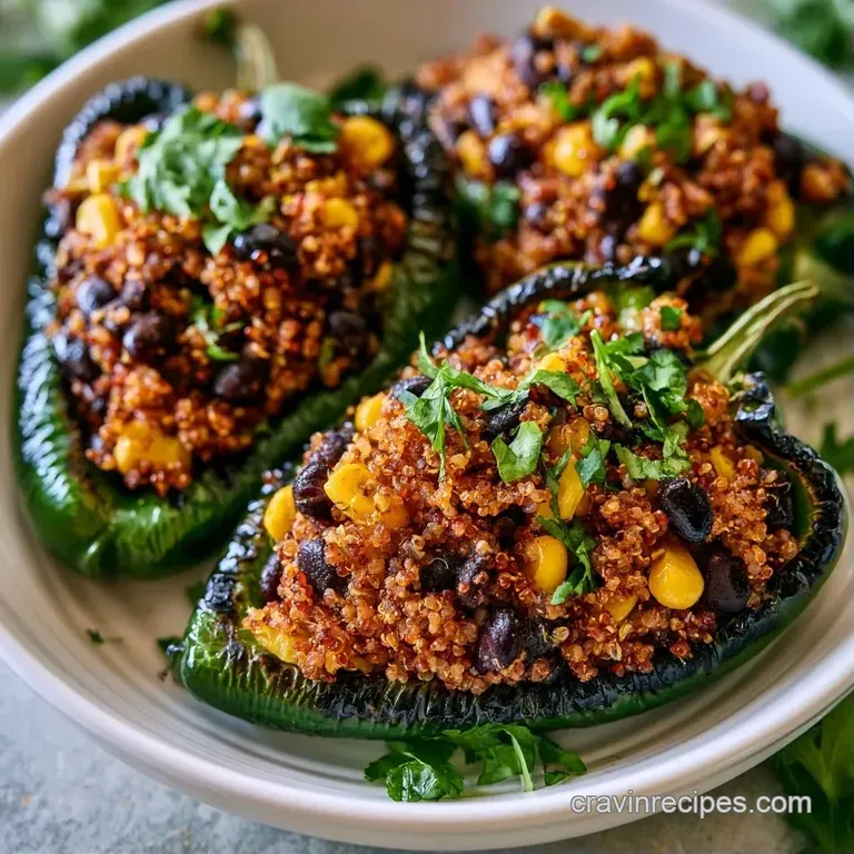 Charred green peppers overflowing with fluffy grains and golden cheese, arranged neatly on a minimalist plate.