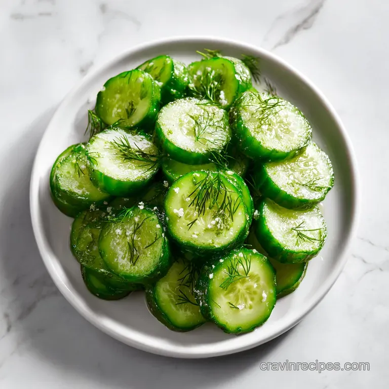 Crisp dill pickle slices artfully arranged on a white plate, showcasing their refreshing green hue.