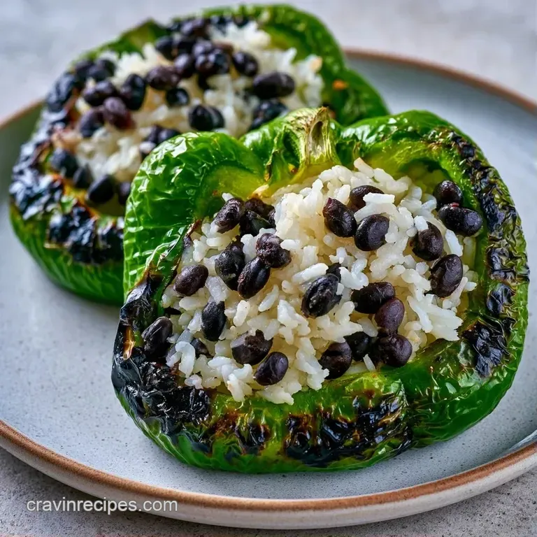 A neat scoop of seasoned rice and beans topped with a charred green pepper and a fresh cilantro leaf garnish.