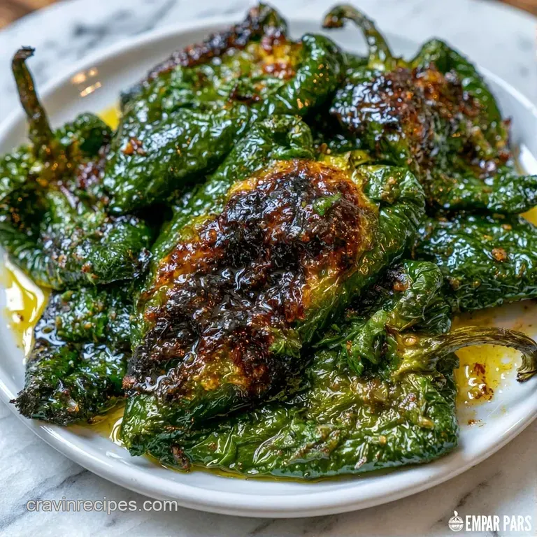 Softened green peppers arranged on a white ceramic plate with a sprig of fresh cilantro and a drizzle of oil.