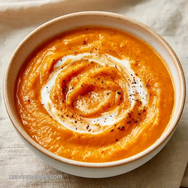 Vibrant orange soup in a ceramic bowl garnished with a sage leaf and a drizzle of olive oil on a linen napkin.
