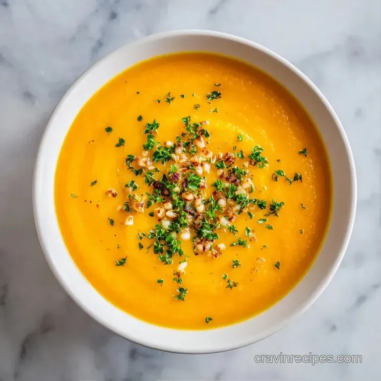 Vibrant orange puree served in a stoneware bowl beside a crusty baguette slice on a neutral linen tablecloth.