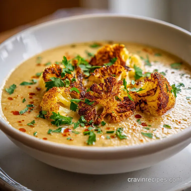 Silky smooth soup in a white bowl, topped with toasted croutons and a drizzle of oil.